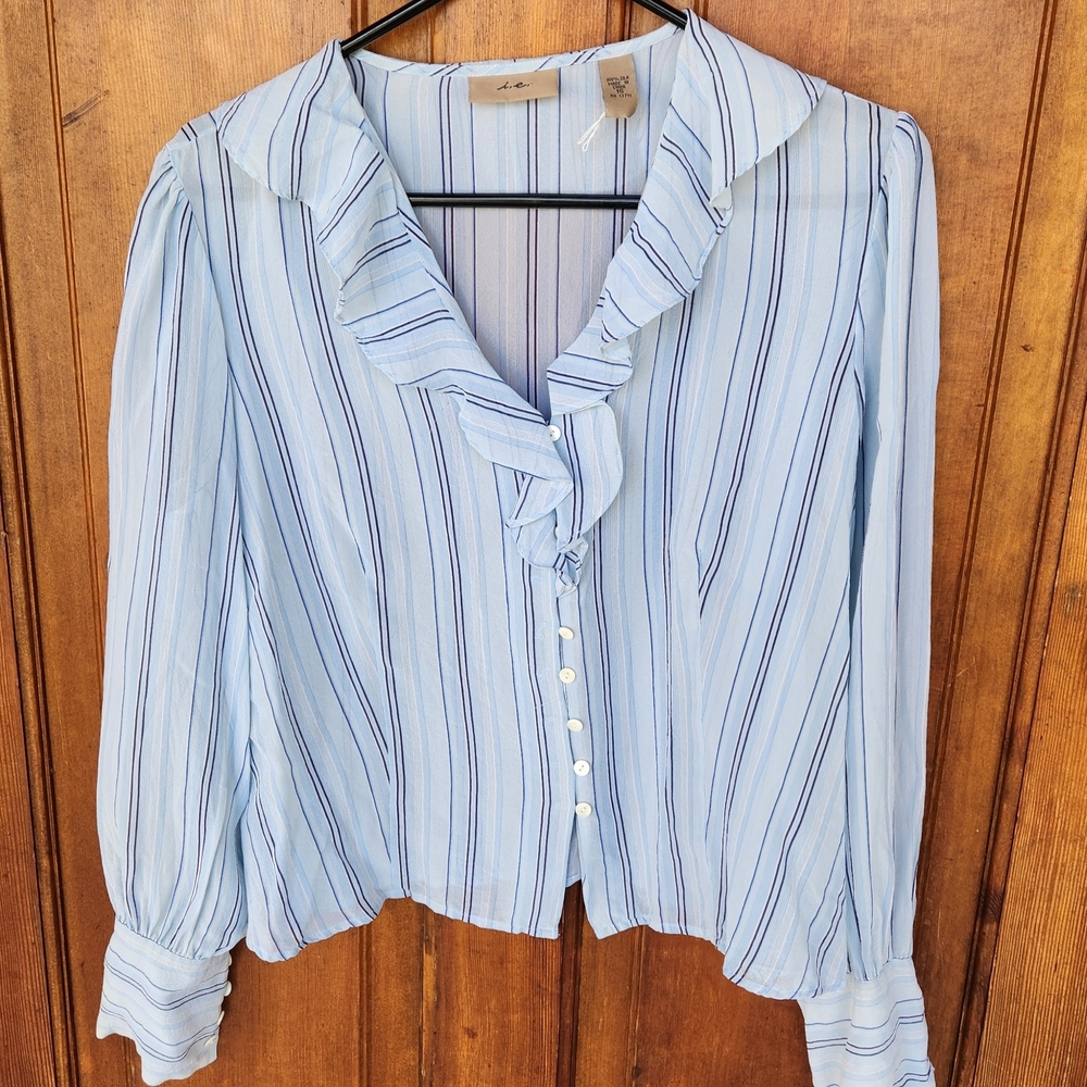 Elegant Light Blue 100% Silk Striped Blouse